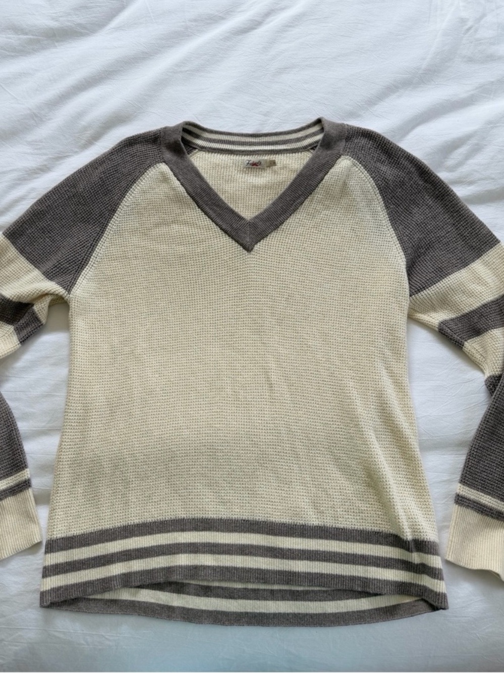 Faherty Cream and Taupe Striped V-Neck Knit Sweater